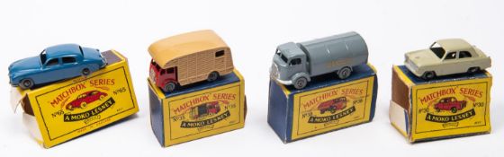 4 Matchbox Series. No.30 Ford Prefect in greyish brown, with metal wheels. No.35 ERF Horse Box, in