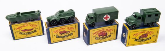 4 Matchbox Series. No. 54 Saracen Personnel Carrier. No. 55. No.63 Ford Service Ambulance. No. 68