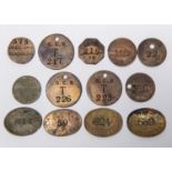 13x Railway brass pay checks/tokens. All pre-grouping era. Including; Great Central Railway,