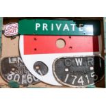 5x Railwayana items. 2x wagon plates; a GWR and an LNER for 20 ton wagons. An enamelled BR Look