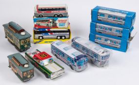 10 Tinplate Vehicles. 5 Friction powered Japanese Greyhound buses, 2 sizes length 20cm and 22cm. A