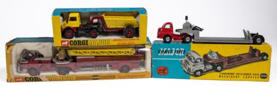3x Corgi Toys. A Bedford Carrimore Detachable axle Machinery Carrier (1104) with red cab and