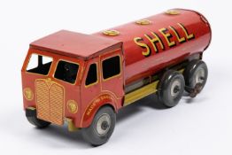 A Mettoy tinplate clockwork Shell BP Petrol Tanker. The cab is in the style of AEC, a 3-axle example
