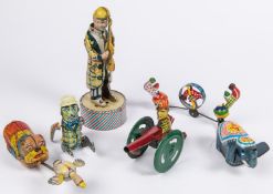 5 Tinplate Toys. Clockwork Clown playing Violin. Friction powered Bulldog chasing Duck, made in