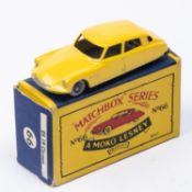 Matchbox Series No.66 Citroen DS19. In deep yellow with black base and dark grey plastic wheels.