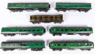 6x Exley OO gauge tinplate Southern Railway bogie coaches and one SECR bogie coach. Including; 2x