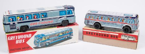 2 Tinplate Friction Powered Japanese made Greyhound Buses. 'Scenic Cruiser', (length 32.5cm) and '
