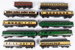 10x Exley OO gauge tinplate GWR, SR, LMS, etc coaches. Including Southern Railway examples; Buffet