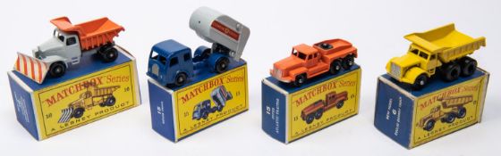 4x Mathcbox Series. 6b; Euclid Quarry Truck in yellow with black plastic wheels. 15b; Rotinoff Super