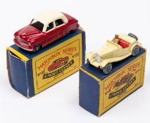 2 Matchbox Series. No.19 MG Midget TD. Cream body, brown driver, red seats, with metal wheels. No.22