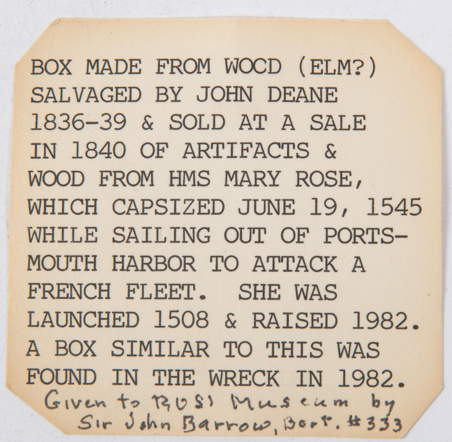 A round wooden box, 4" diameter, made from the wood salvaged by John Deane in 1836-39 from the wreck - Image 3 of 3