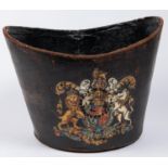 An oval leather handle-less bucket, with transfer printed King's crown Royal Arms. GC (some wear) £