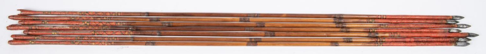 A set of seven 18th century Indian arrows, with small rectangular section heads, cane shafts with