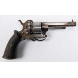 A Belgian 6 shot 7mm double action pinfire revolver, 7" overall, octagonal barrel 7½", Liege proved,