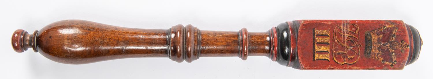 A good William IV period decorated turned wood tipstaff, painted with crown above IIII, "W.P." - Image 2 of 5