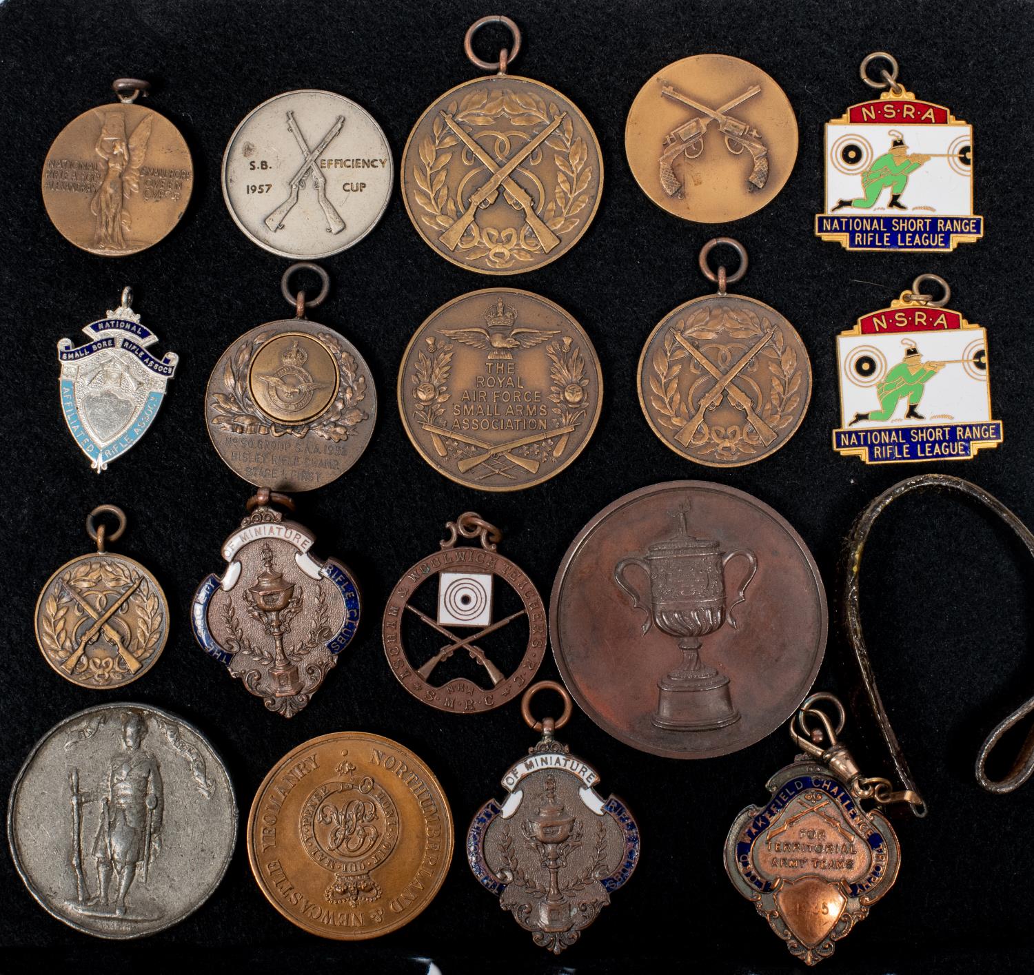 A small collection of base metal shooting medals etc including: AE "Ascham & Woolwich Teacher's RC -
