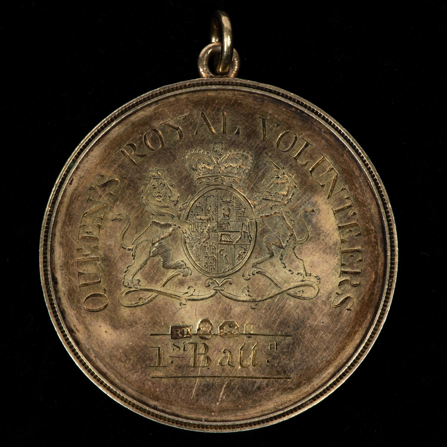 Pimlico or Queen's Royal Volunteers engraved circular silver prize medal, obverse: Royal Arms,