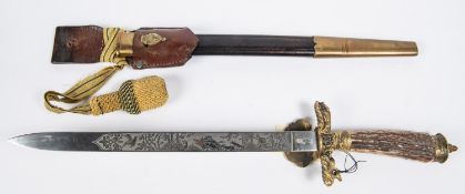 A post war German hunting cutlass, blade 13½" with maker's mark of "P.O & Co" and etched with scenes