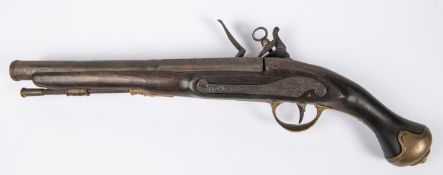 An early copy of a flintlock holster pistol, lock marked Brander and Potts, brass mounts, possibly