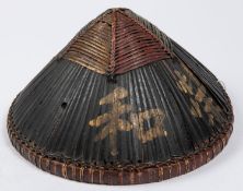 An interesting Boxer Rebellion period Chinese plaited bamboo conical hat, painted red and black with