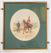 An Orlando Norie watercolour depicting 2 Dragoon Guards officers with a tented camp background,