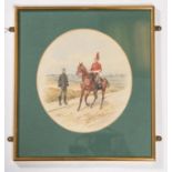 An Orlando Norie watercolour depicting 2 Dragoon Guards officers with a tented camp background,