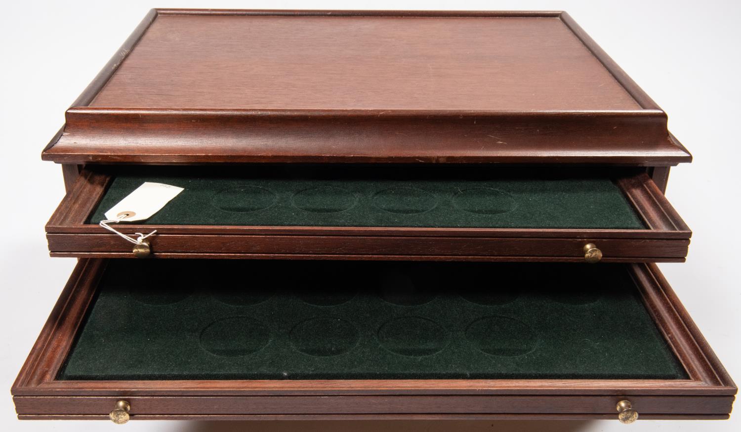 A mahogany collectors cabinet, with five shallow drawers, each to house 20 medallions, and a - Image 2 of 3