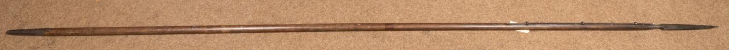 An 1848 pattern wooden cavalry lance, 109" (9'1") overall, with long flattened diamond section head,