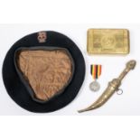 A post 1952 Brigadier's black beret, with bullion cap badge; a WWI Princess Mary's Christmas box;
