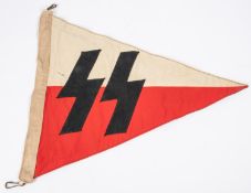 A Third Reich single sided SS triangular car pennant, with applied black SS runes on red and white