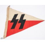 A Third Reich single sided SS triangular car pennant, with applied black SS runes on red and white