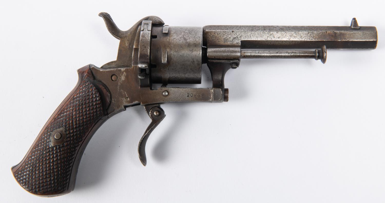 A Belgian 6 shot 7mm double action pinfire revolver, 7" overall, octagonal barrel 3½", Liege proved, - Image 2 of 2