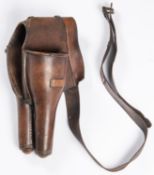 A good pair of mid 19th century cavalry leather saddle holsters, with girth strap. GC (some cracking