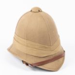 A good khaki tropical helmet, silk puggaree, with blue/red/blue flash, and leather chinstrap. Unused