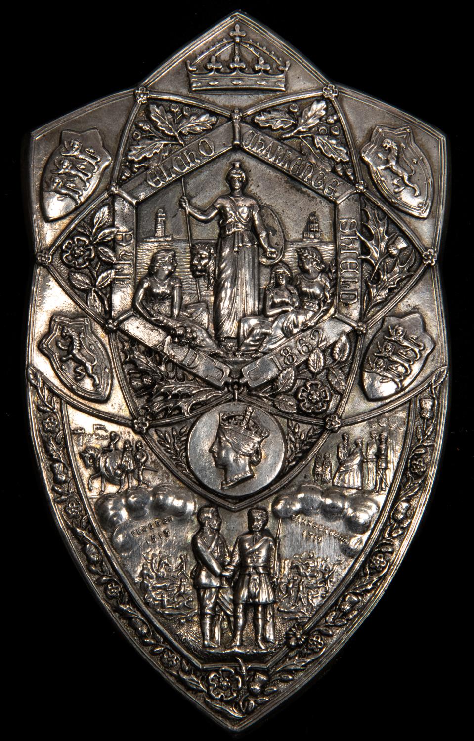 The Elcho Challange Shield AD 1862 shooting award, the title in sexagonal panel surrounded by