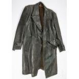 A green leather German officer's type coat, label marked "HAFA LEDER KLEIDUNG", complete with