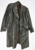 A green leather German officer's type coat, label marked "HAFA LEDER KLEIDUNG", complete with
