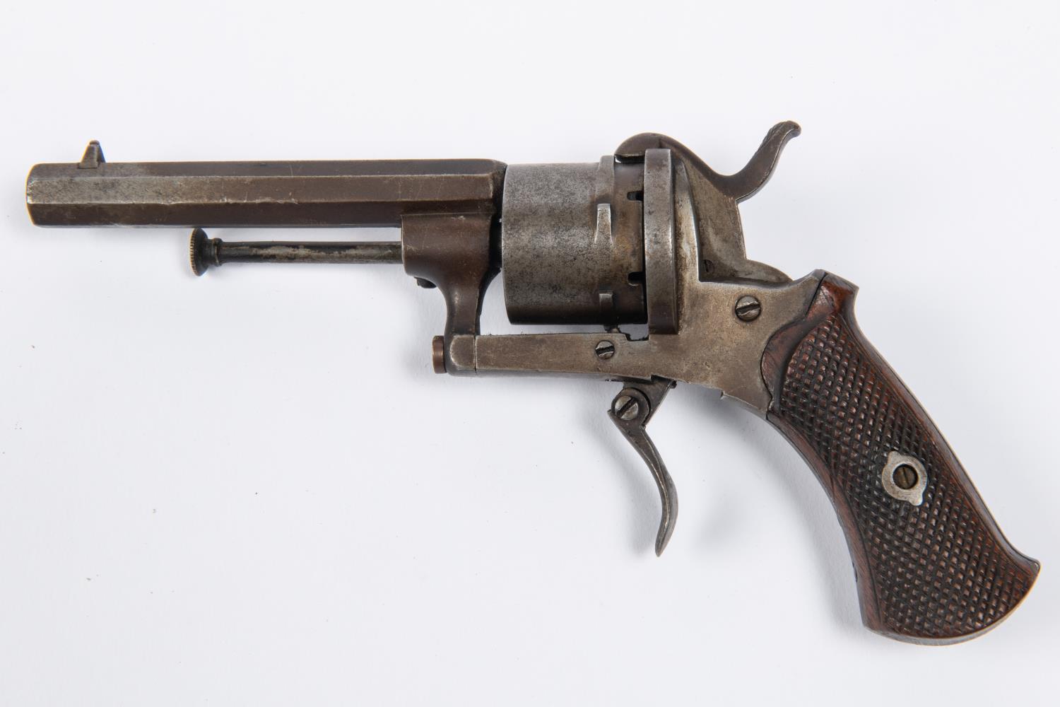 A Belgian 6 shot 7mm double action pinfire revolver, 7" overall, octagonal barrel 3½", Liege proved,