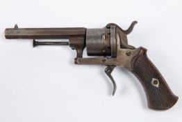 A Belgian 6 shot 7mm double action pinfire revolver, 7" overall, octagonal barrel 3½", Liege proved,