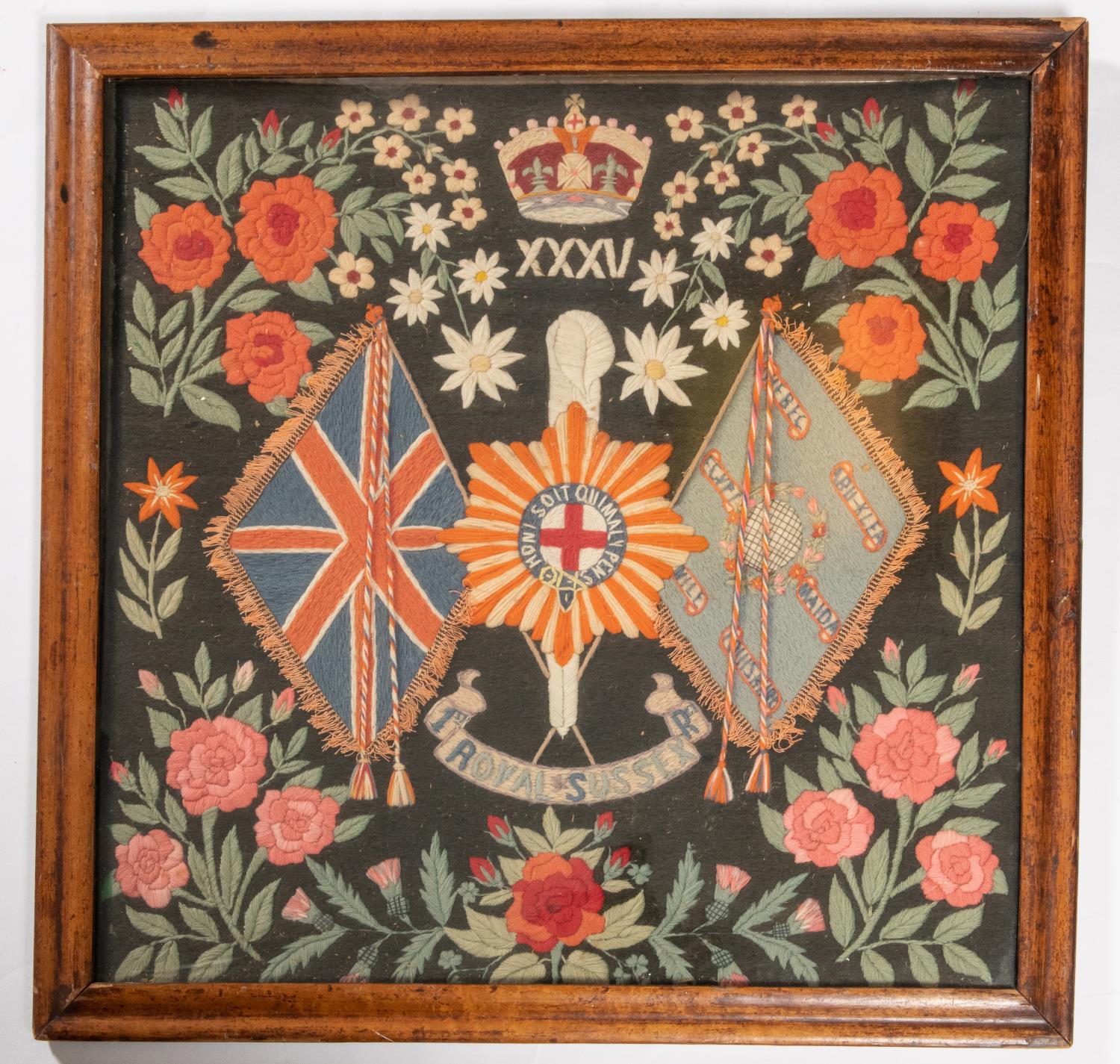 A Royal Sussex Regiment embroidery of crossed colours and XXXV etc, very well executed, in a 2' x 2'