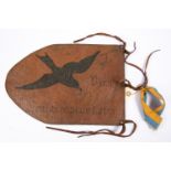 A Vichy French brown leather pennant, applied leather bird motif, hand written "IENA VICHY