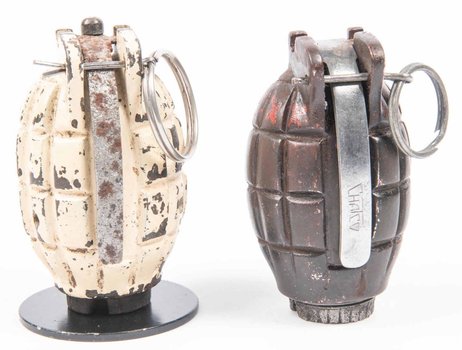 An inert No 36 Mk I hand grenade ("Mills Bomb"), the body painted with row of red crosses, the lever - Image 2 of 3