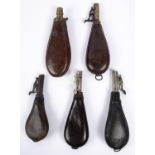 A late 18th century bag shaped leather powder flask, GC (contemporary stitched repair to seam, no