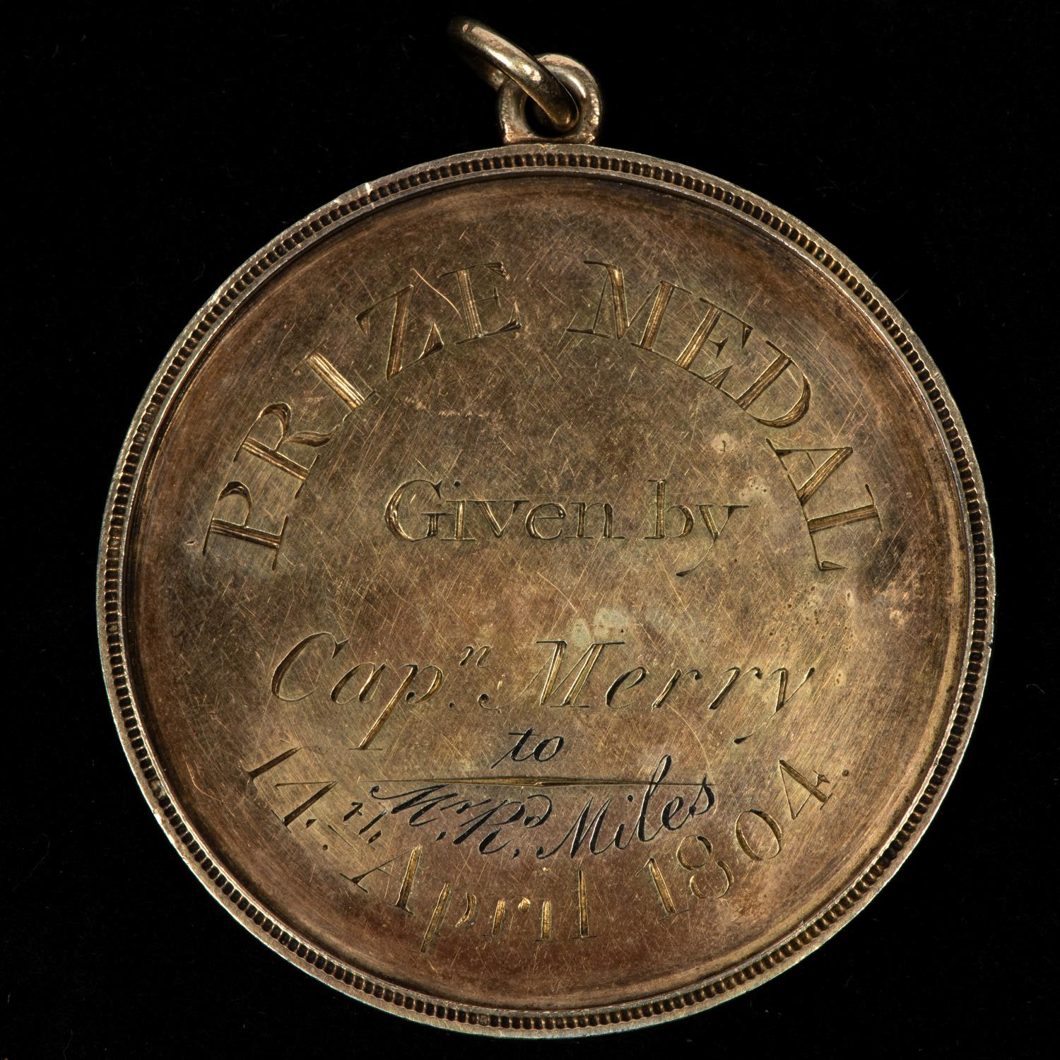 Pimlico or Queen's Royal Volunteers engraved circular silver prize medal, obverse: Royal Arms, - Image 2 of 2