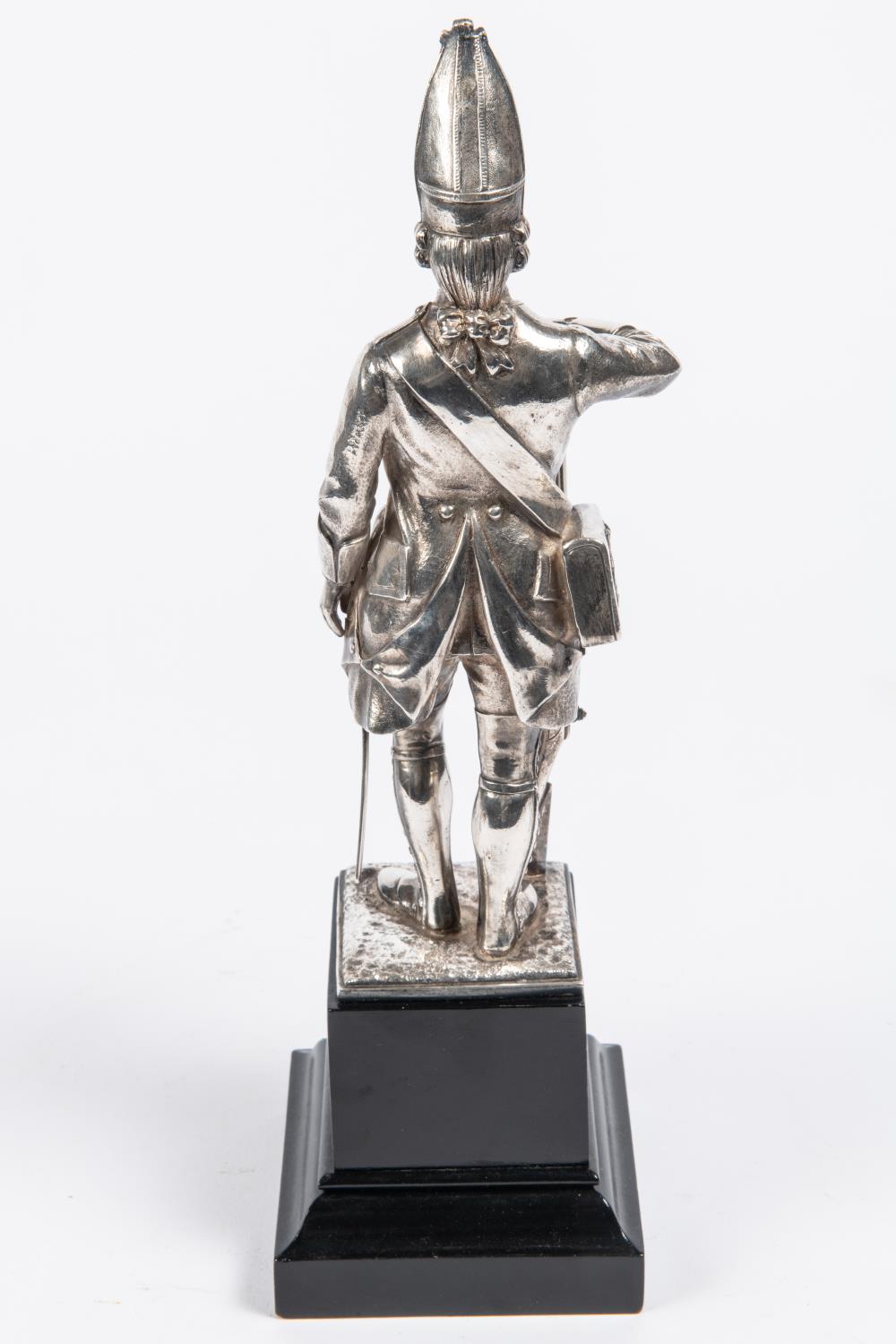 A good silver figurine of a 1745 Grenadier, mounted on an ebonised plinth, London HM on base, height - Image 2 of 3