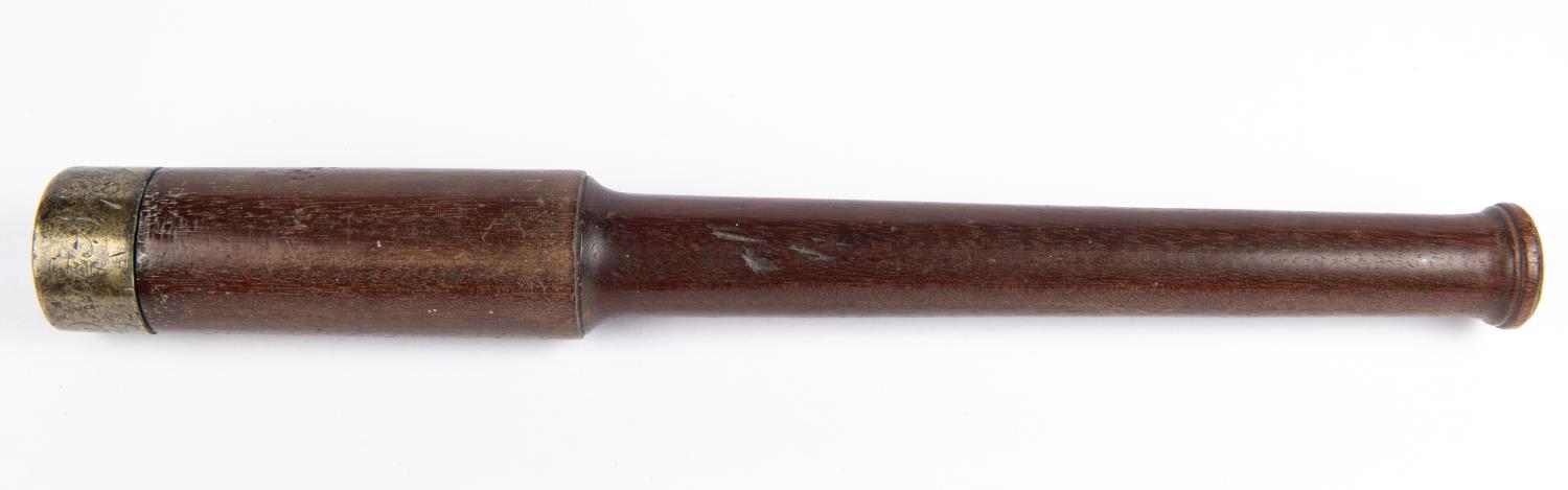 An interesting late 18th century mahogany truncheon, 2 stage body 16”, the lead weighted head