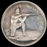 Devon County Volunteer Assocn. silver medal, obverse struck kneeling rifleman right with engraved