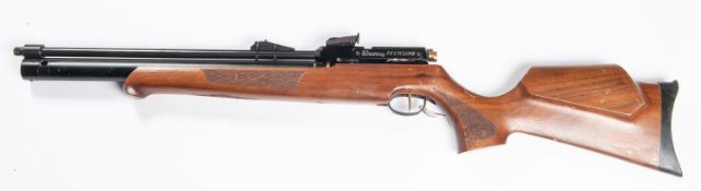 A Swedish .177" FX Cyclone pre charged pneumatic air rifle, number 16804, the wooden target stock