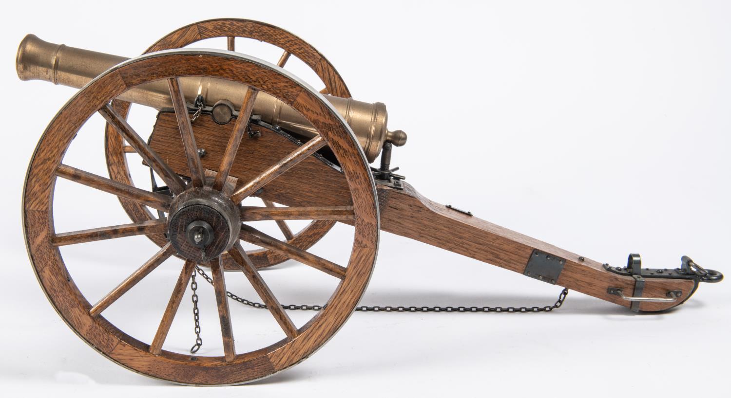 A well made model of a Waterloo period field gun, turned brass barrel 9½" (not bored through), on - Image 4 of 5
