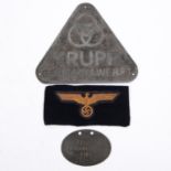 A Third Reich plaque, 6½" x 5½" triangular alloy with "Krupp Germaniawerft" and rings motif; also